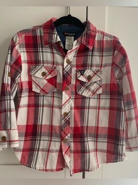2/$20 GUESS Red and White Plaid Button-Down Shirt